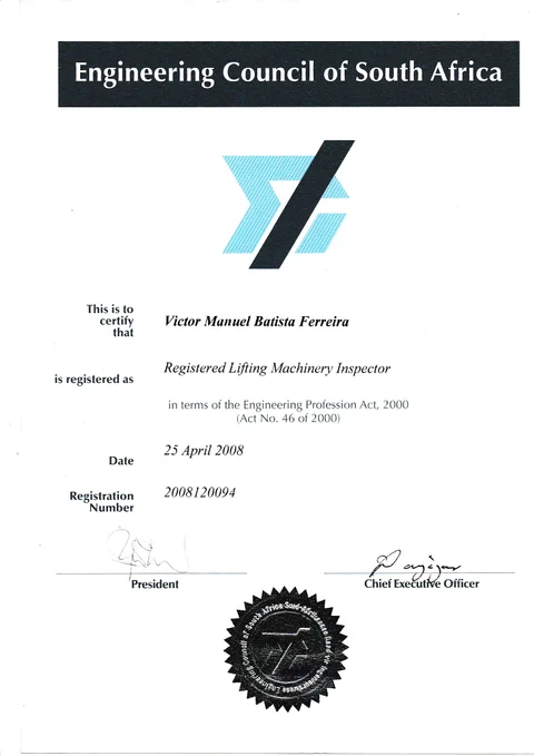 Preview of Victor Manuel Batista Ferreira’s ECSA lifting machinery inspector registration