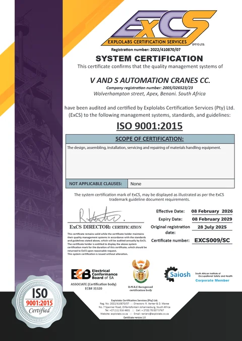 Preview of the ExCS ISO 9001:2015 certificate for V and S Automation Cranes