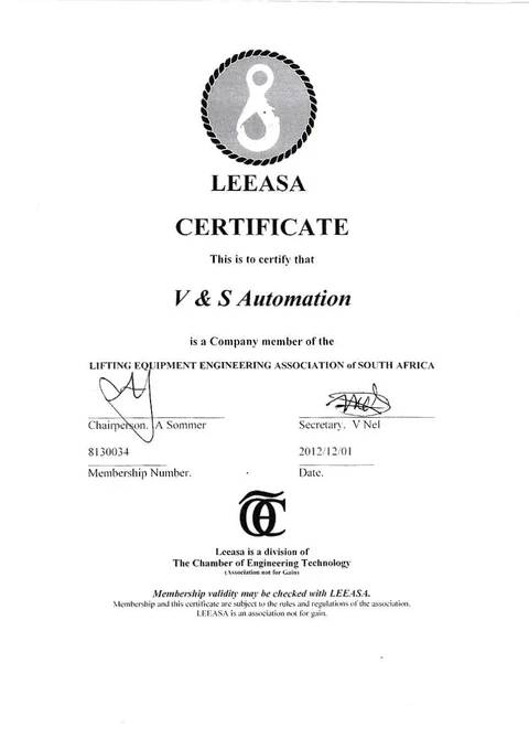 Preview of the LEEASA company membership certificate for V and S Automation